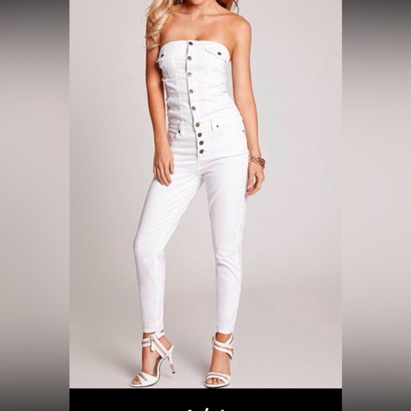 GUESS Strapless White Denim Jumpsuit - Picture 1 of 6